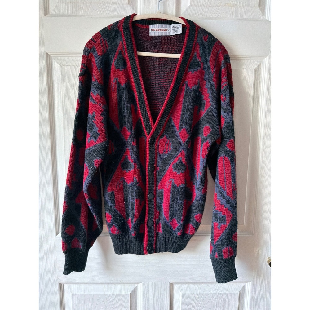 McGregor Cardigan Sweater Mens Medium Red Black Geometric Abstract Vintage 90s